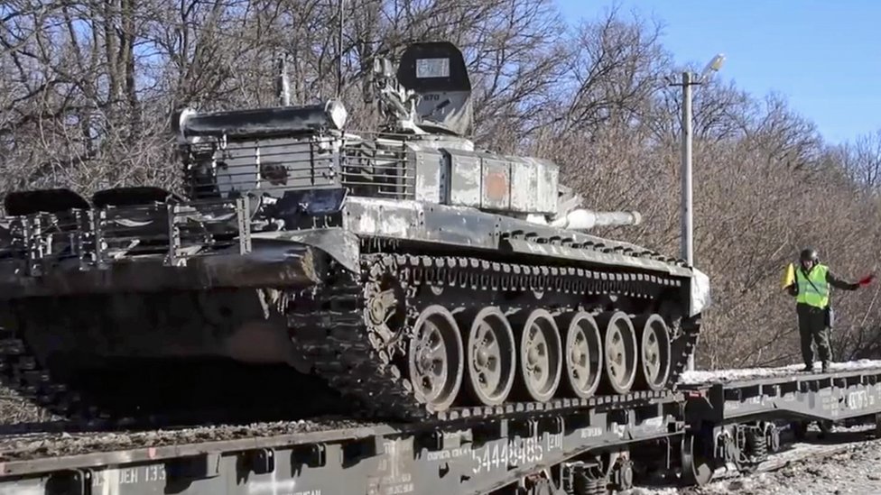 A Russian tank on a train