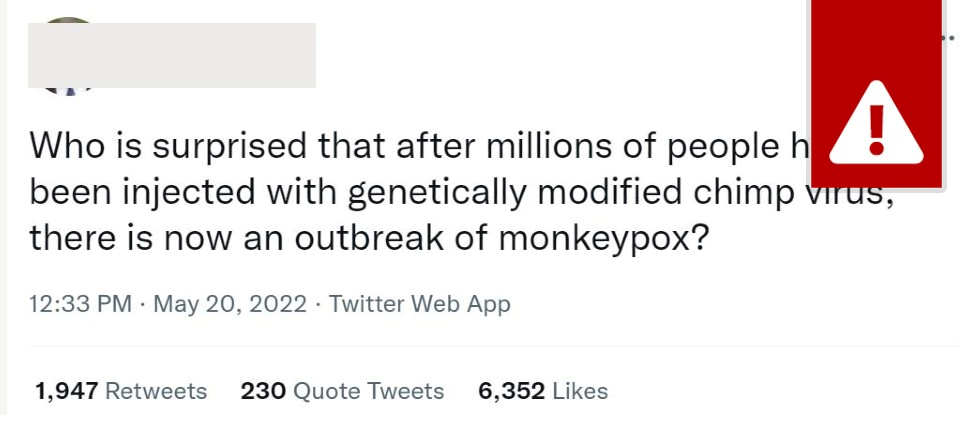 tweet reading: "Who is surprised that after millions of people have been injected with genetically modified chimp virus, there is now an outbreak of monkeypox?"