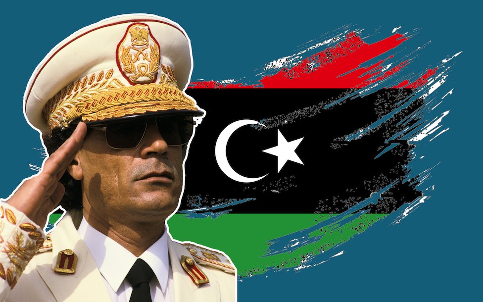 Image of Muammar Gaddafi over a treated flag of Libya