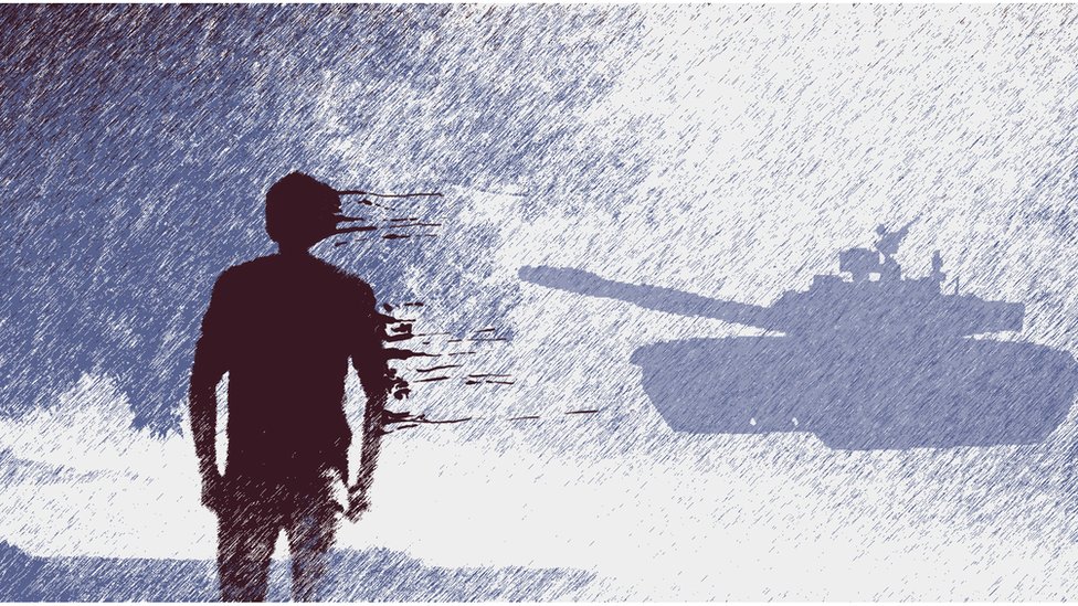 Рисунок - мужчина на фоне дождя и танка в далеке