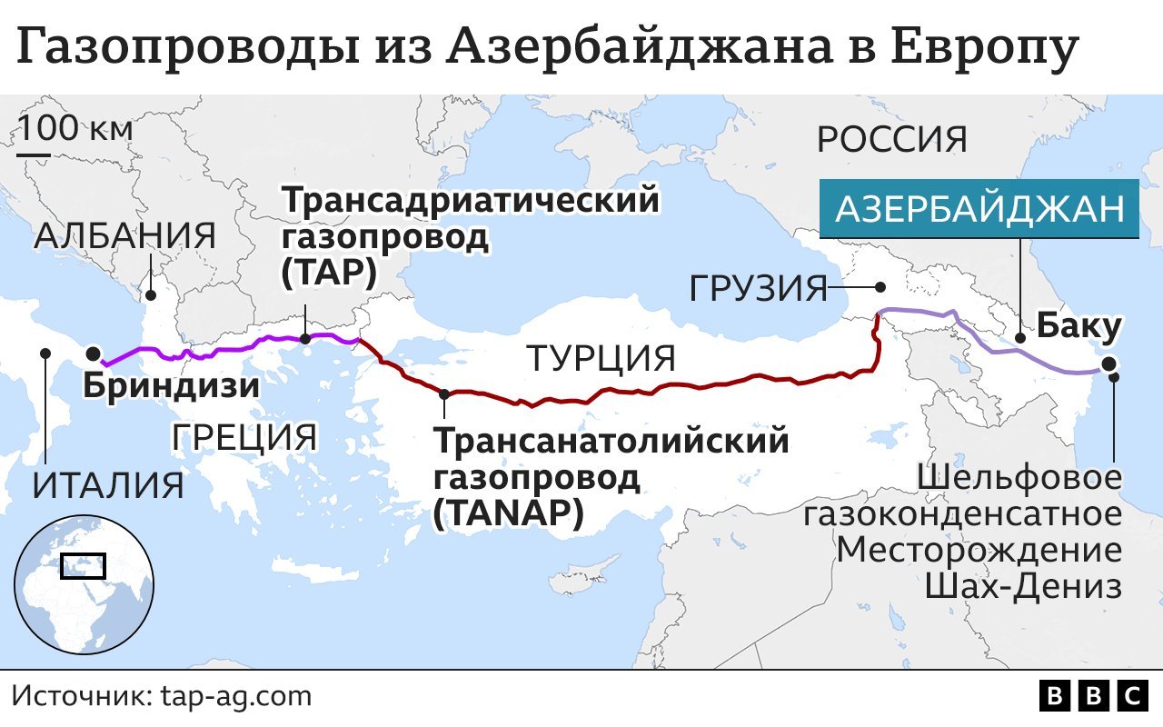 Карта - Газопроводы из Азербайджана в Европу