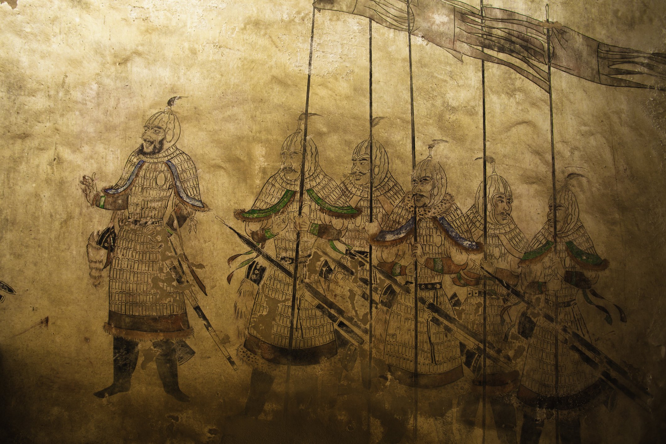 Фреска, китайские воины с копьями