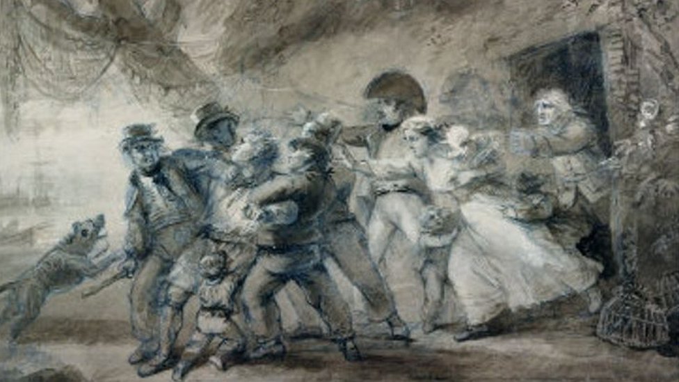 Набросок картины: солдаты выволакивают мужчину, за которого цепляются жена и дети