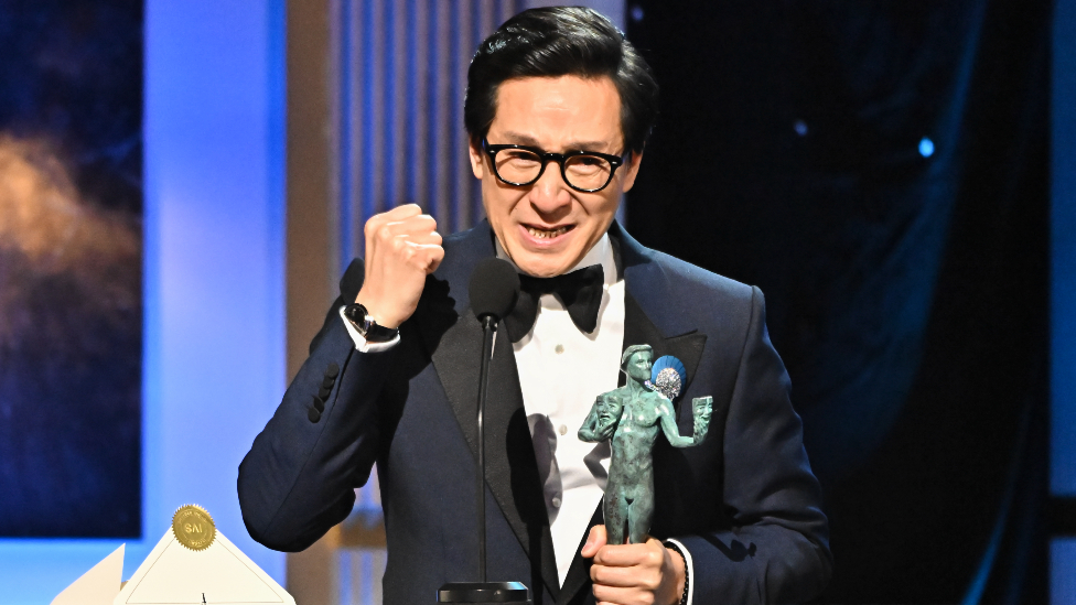 Ke Huy Quan accepts the Outstanding Performance by a Male Actor in a Supporting Role award for Everything Everywhere All at Once onstage at the 29th Annual Screen Actors Guild Awards held at the Fairmont Century Plaza on February 26, 2023 in Los Angeles, California
