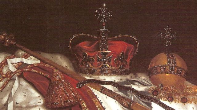 Фрагмент картины, на которой изображены корона, держава и скипетр