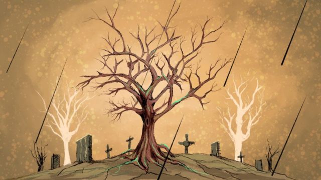 Карандашный рисунок - дерево на фоне кладбища