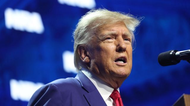 Former President Donald Trump speaks to guests at the 2023 NRA-ILA Leadership Forum on April 14, 2023 in Indianapolis, Indiana