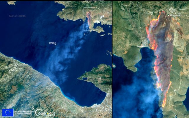 Спутниковый снимок лесного пожара в Греции