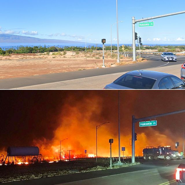 Две фотографии до и во время пожара