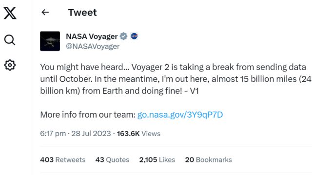 Твит от имени «Вояджер-1»