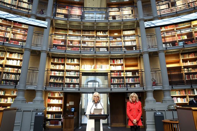 Queen Camilla makes a speech during her visit to the Bibliotheque nationale de France