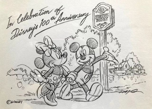 Иллюстрация Минни Маус и Микки Мауса, прогуливающихся по деревне Нортон Дисней.