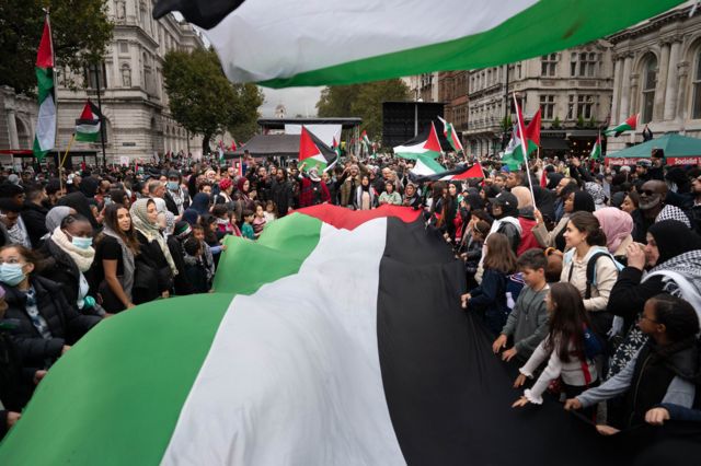 Люди с огромным палестинским флагом