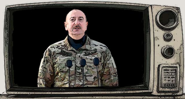 Коллаж и рисунок - Ильхам Алиев в военной форме выступает по телевизору