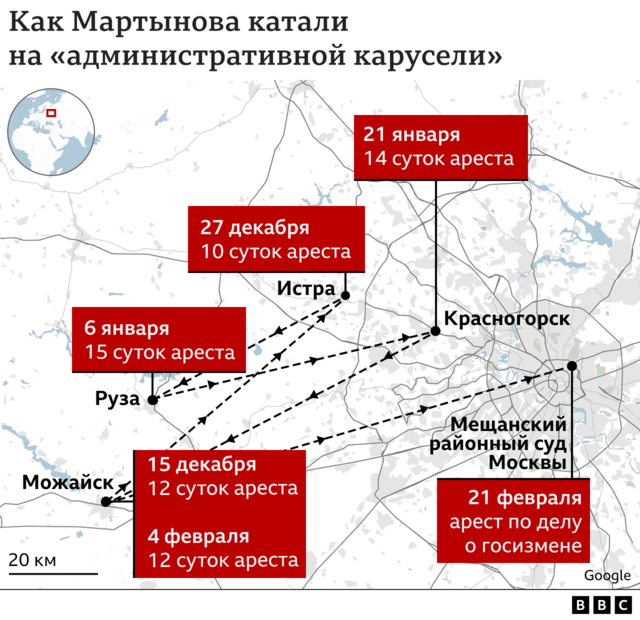 Карта перемещений Мартынова по спецприемникам Подмосковья